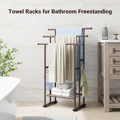 ELYKEN 3 Tier Freestanding Towel Rack with Shelf, 40" H Towel Stand, Bronze - Image 2