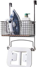 SunnyPoint Ironing Board Hanger & Iron Holder with Large Storage Basket, Over The Door or Wall Mount Iron and Ironing Board Organizer for Laundry Room, Metal with Wood Panel by SunnyPoint