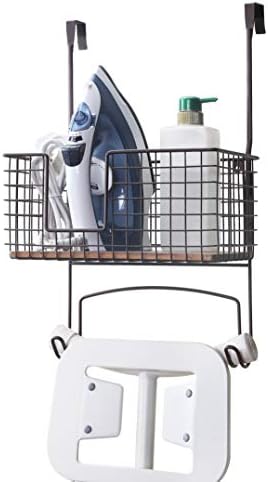 SunnyPoint Ironing Board Hanger & Iron Holder with Large Storage Basket, Over The Door or Wall Mount Iron and Ironing Board Organizer for Laundry Room, Metal with Wood Panel by SunnyPoint