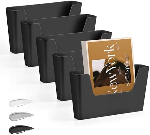 JOMOLA No Drilling File Holder 5 Pack Mail Organizer Wall Mount File Organizer Holder Office Wall Hanging Files Magazines Organizer Plastic Door Mount Wall Pocket with Adhesive Pad, Black Color by JOMOLA