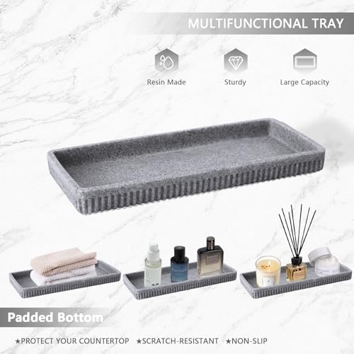 XLHOMO Resin Grey Bathroom Accessories Set 5 Pcs, Lotion Soap Dispenser, Toothbrush Holder, Bathroom Tumbler, Qtip Holder and Vanity Tray, Bathroom Countertop Organizer Set for Modern Home Apartment - Image 5