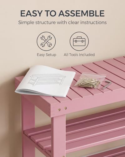 SMIBUY Bamboo Shoe Rack Bench, 3-Tier Shoe Organizer Storage Shelf for Entryway Hallway Bathroom Living Room (Pink) - Image 6