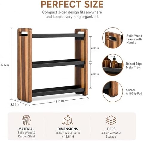 Narrow Solid Wood Bathroom Counter Organizer, Space-Saving Bathroom Storage Rack for Vanity, Multi-Purpose Kitchen Spice Rack & Bedroom Makeup Organizer (Acacia 3 Tier, 1 Pack) - Image 2
