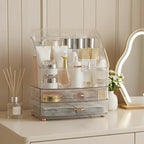 Makeup Organizer Countertop for Vanity with Lid and 2 Drawers, Clear White - Image 7