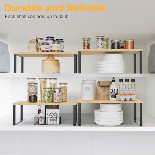 OGEMXU Cabinet Shelf Organizers, 15.7 inches Large Kitchen Counter Shelf, Set of 4 Wood Kitchen Pantry Organizer, Storage Shelves for Countertop, Spice Rack, Stackable, Expandable, Metal Black, Nature - Image 5