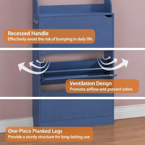 Blue Hidden Shoe Cabinet with 3 Flip Drawers & Coat Rack, Entryway - Image 5