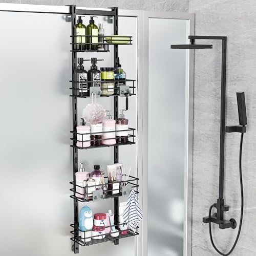 Orimade Over the Door Shower Caddy Adjustable 5 Tier Black,Bathroom Hanging Organizer Shelf Rustproof with 4 Hooks,Shower Basket with Soap Holder and Suction Cup by Orimade