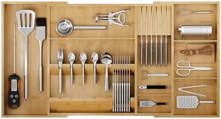 Bamboo Silverware Drawer Organizer, 17.72-29.53 Inch Expandable Large Kitchen Drawer Organizer, 5-8 Slot Flatware with Removable Card Slots & Knife Block for Spoon Butter Knive, Natural by Landmok