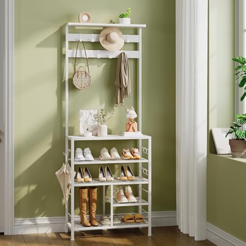 GiftGo Modern White Large 5-Tier Hall Tree Entryway Wooden Shoes Rack Shelf Coat Rack with Movable 9 Metal Hooks Storage Organizer for Home Office Bedroom Mudroom Living Room - Image 3