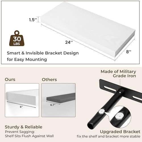 RICHFOCUS 24Inch Floating Shelves for Wall 2Pack, White, 8" Deep - Image 3