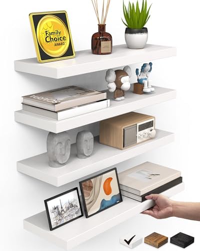 BAYKA White Floating Shelves 15.7in, Set of 4, Wall Mount Rustic Wood Shelf by Bayka
