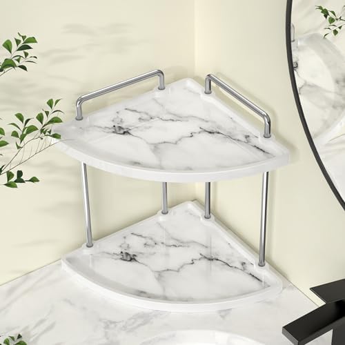 KES Hancrafted Ceramic Corner Bathroom Counter Organizer, 2-Tier Bathroom Countertop Organizer with Marble Pattern, Vanity Skincare Perfume and Makeup Storage, Polished Chrome, BSC901-CH by KES