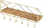 MyGift Burnt Wood and Brass Metal Wall Shelf & Key Holder Rack with 6 Hooks - Image 6
