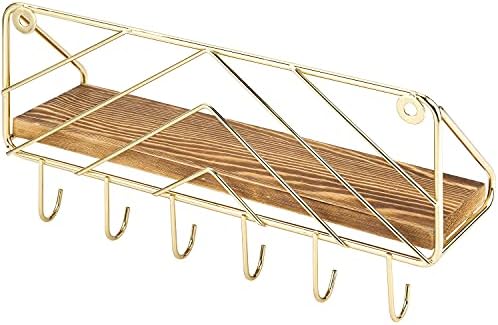 MyGift Burnt Wood and Brass Metal Wall Shelf & Key Holder Rack with 6 Hooks - Image 6