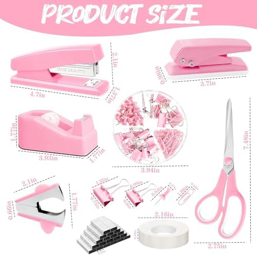 Pink Office Supplies, 17Pcs Pink Desk Accessories Set Include Stapler, Mesh Desk Organizer, Tape Dispenser, Staple Remover, Pen Holder, Clips, Pens, Ruler, for Office Home School Women Students Gift - Image 3