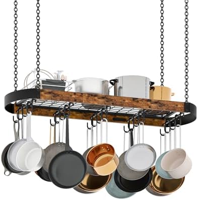 CHOEZON 39.4-Inch Hanging Pot Rack, Space-Saving Pot Hanger for Kitchen, Ceiling Pan Hanging Rack with 16 Detachable S Hooks, Sturdy Metal Frame, Industrial Style, Rustic Brown and Black TPR10BF by Choezon