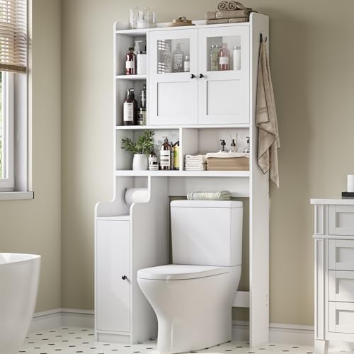 Itaar Over The Toilet Storage Cabinet, Over Toilet Bathroom Organizer with Glass Doors & Toilet Paper Holder Stand, Home Space-Saving Toilet Rack, for Bathroom, Restroom, Laundry(White) by Itaar