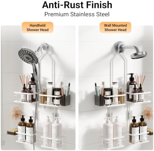 Adjustable Shower Caddy Hanging Rustproof Shower Caddy for Handheld Showerheads, Shower Organizer with Hooks Soap Holder, Anti-Swing Shower Rack Bathroom Accessories (White) - Image 2