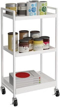 3-Tier Metal Utility Rolling Cart, Heavy Duty Multifunction Rectangular Cart with Lockable Casters, Kitchen Storage Carts Suitable for Office, Bathroom, Kitchen - White by Elitehouse