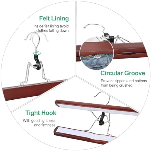 TOPIA HANGER 24 Pack Wooden Pants Hangers, Hair Extension Hangers Non Slip Skirt Hanger Wood Clamp with Velvet Padded 360° Swivel Hook for Jeans, Skirts, Trousers, Wigs Cherry CT68M - Image 6
