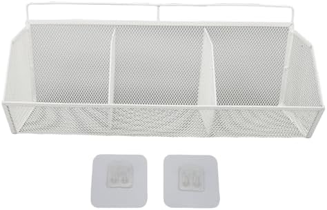 3 Grid Wall Mount Storage Basket Wall Mounted Wire Mesh Organizer Mounted Storage Bin No Drill Strong Adhesive Holds 11 lbs Each Basket for Kitchen Bathroom Laundry Room (White) - Image 6