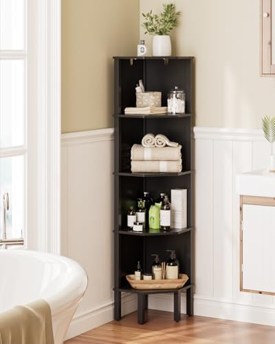 Corner Shelf, 5 Tier Corner Bookshelf, Display Corner Shelf Stand with Storage Rack, Wall Corner Bookshelf for Living Room, Bedroom, Office, Black - Image 6