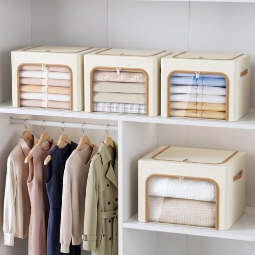Yecaye 3-Pack 66L Clothes Storage Bins, Storage Bags for Clothes, Beige - Image 2
