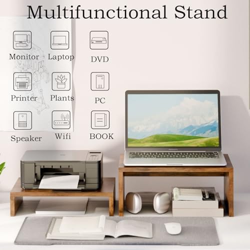 TEAMIX 2-Pack Monitor & Laptop Stand Riser, Wood High-Low Dual Monitor Set - Image 5