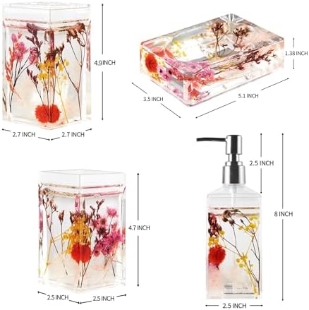 Locco Decor 4 Piece Acrylic Liquid 4D Floating Motion Bathroom Vanity Accessory Set Garden Botanic Pink Plants Toothbrush Holder, Tumbler, Soap Dispenser, Soap Dish - Image 7