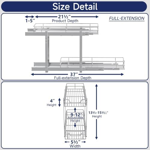 2-Tier Pull Out Cabinet Organizer, 5.5" W x 21.5" D, Heavy Duty Dual Slide Out Shelves for Narrow Base Cabinets, Chrome Wire Basket Drawer for Spices, Bottles & Snacks - Image 2