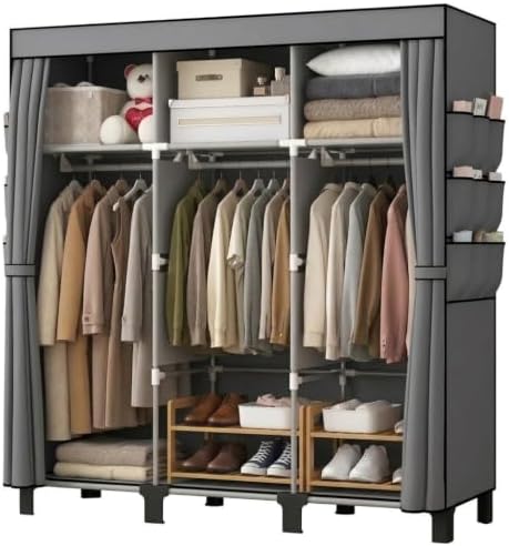 Portable Non-Woven Fabric Wardrobe, 3 Hanging Rods & Multi Tier Storage Shelves, 18 Side Pockets Clothes Closet Organizer, 130×45×172cm for Bedroom Dorm Living Room (Gray) by Unknown