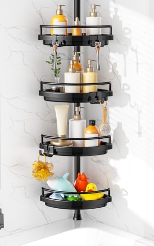 HAMITOR Corner Shower Caddy Tension Pole: Adjustable Stainless Steel Shower Organizer 4 Tier Shelf for Bathroom Bathtub Shampoo - Floor Standing Rack Bath Storage Holder with Rust Proof Rods- Black by HAMITOR