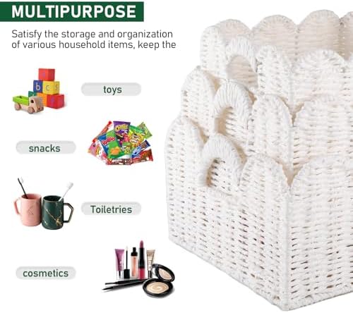 OIAHOMY Scalloped Wicker Baskets, Hand-woven Storage Baskets with Built-in Handles, Paper Rope Shelf Baskets for Organizing and Decoration, Set of 3-White - Image 4