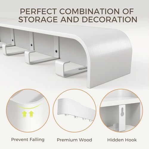 Coat Rack Wall Mount with Shelf Entryway Shelf Modern Key Holder Hanger Wall Shelves with Hidden Hooks for Hanging Towels Coats Hats Bags for Hallway Bathroom Bedroom (White, 5 Hooks) - Image 5