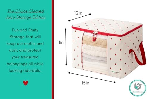 Chaos Cleared Canvas Storage Bags Designer Organizer 2 Pack – Seasonal Storage for Sweaters, Blankets, Linens & Garments – Foldable Design with Zip & Window (Strawberry Print) - Image 5
