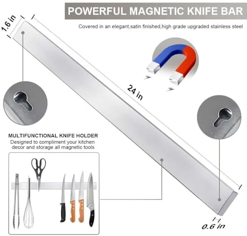 24 Inch Magnetic Knife Strip, Premium Stainless Steel Wall Mounted Kitchen Knives Bar,Space-Saving Powerful No Drilling Magnetic Knife Rack for Home Kitchen Utensil Holder & Tool Holder - Image 2