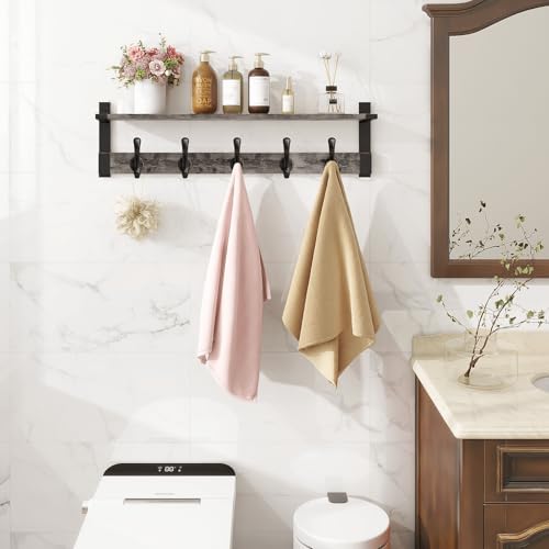 Homode Coat Rack Wall Mount with Shelf, 29 Inch Wall Shelf with Hooks, Grey - Image 5