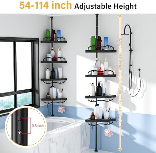 Black Corner Shower Caddy Tension Pole - Heavy Duty Rustproof Stainless Steel Shower Organizer with 4 Adjustable Shelves, No-Drill Free Standing for Bathroom, Bathtub, RV,54" to 114" Tall - Image 6