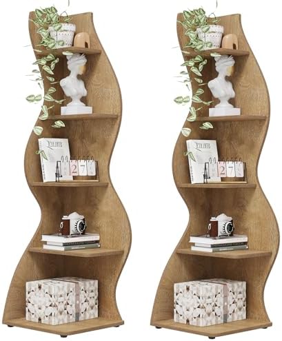 Tribesigns Corner Shelf, Modern 5-Tier Wall Corner Bookshelf, Stylish Corner Small Bookcase Storage Rack Plant Stand with Unique Shape for Living Room, Home Office (Light Brown, 2PCS) by Tribesigns