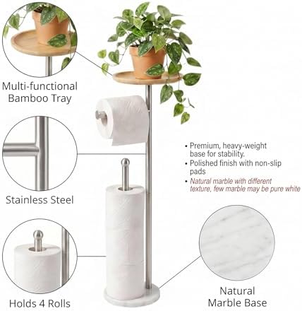 Toilet Paper Holder Stand with 7.9" Big Bamboo Tray, 2.2Lbs Heavier Marble Base, Floor Standing Paper Holder Stand with Phone Shelf, Reserve for 4 Rolls (Brushed Nickel) - Image 3