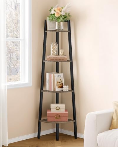 Hoctieon Corner Shelf, 4-Tier Corner Bookshelf, Rustic Ladder Shelf, Industrial Display Stand for Living Room, Kitchen, Home Office, Balcony, Small Space, Metal Frame, Grey by Hoctieon