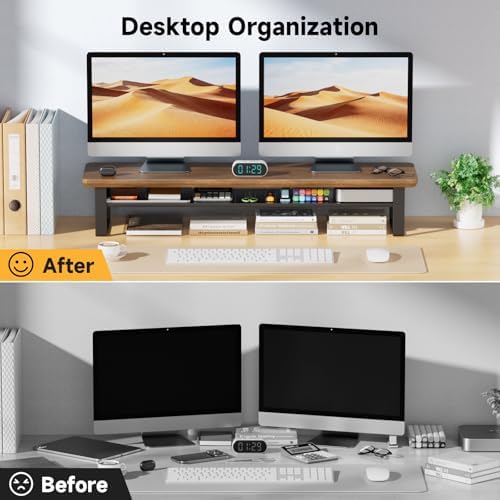 Dual Monitor Stand, 35.4 Inch Monitor Stand Riser for 2 Monitors, 2 Tiers Wood Desk Shelf with Storage, Desktop Organizer Stand for Computer, Laptop, Printer, TV - Image 3