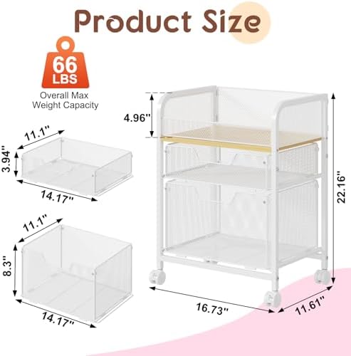 Yociyoga 3 Tier Rolling Cart with Drawers,Pantry Storage Cart with Wheels,Under Desk Storage Cart for Small Space,Pantry Floor Organizers and Storage,Metal Load-Bearing Utility Craft Cart,White - Image 6