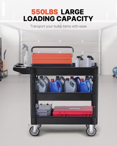 VEVOR Utility Cart, 3-Tier Plastic Service Cart with 550LBS Capacity, 360° Swivel Casters (Including 2 Locking Wheels), Medium Lipped Shelves, Ergonomic Handle, for Garage, Warehouse, Cleaning Tasks - Image 2