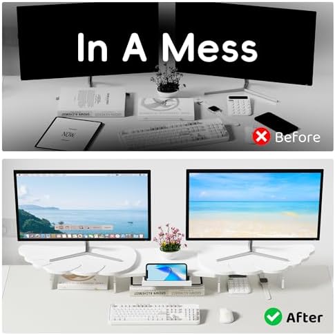 AFOOYO Dual Monitor Stand Riser, Wing-Shaped Sturdy Desktop Wood Stand for 2 Monitors, White Riser for Laptop, PC, Computer - Image 3