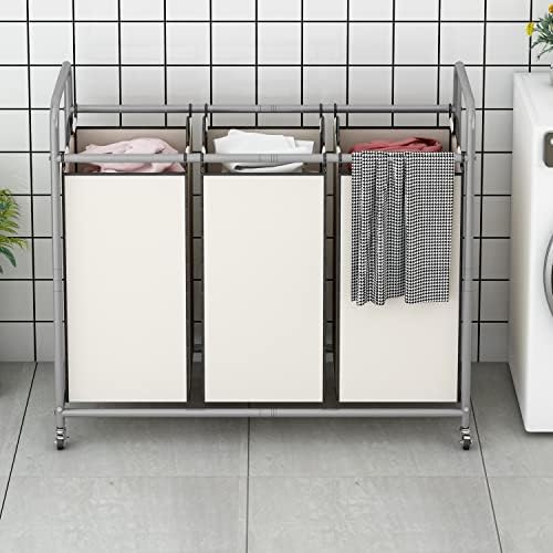 LINZINAR 3 Section Laundry Hamper, Beige Laundry Basket 135L Laundry Sorter - Image 2