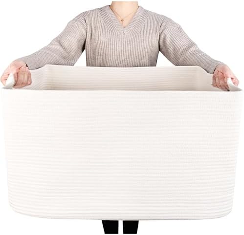 MINTWOOD Design 22in Extra Large Blanket Basket Holder Living Room, Rectangle Rope Woven Storage Basket with Handles for Laundry, Pool Towels, and Shoes, Dog Toy Organizer Bin Box, Creamy White by MINTWOODDesign