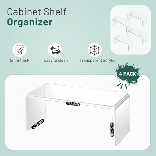 4 Packs Kitchen Cabinet Shelf Organizer, Acrylic Clear Shelf Riser, 5mm Thick Spice Rack for Dishes, Soda Cans and Cup（11.8 x 4.72 x 4.72 Inch） - Image 2