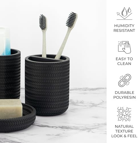 ZCCZ Black Bathroom Accessories Set 4 Pcs - Toothbrush Holder, Soap Dispenser, Vanity Tray, Tumbler - Countertop Organizer for Bathroom - Modern Accessory Set for Home Decor and Storage - Image 4