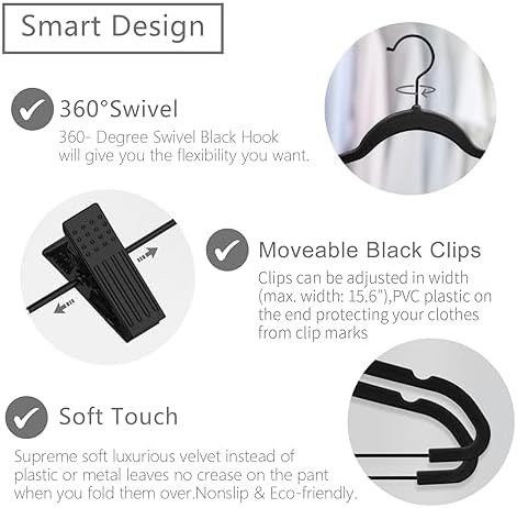 MIZGI Premium All Black Velvet Pants Hangers with Adjustable Clips (Pack of 20) Slim Skirt Hangers- Non Slip Felt Outfit Dress Hangers- Black Hooks,Space Saving Shirt Clothes Hangers - Image 2